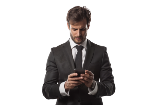 Concerned businessman checking email on smartphone Isolated on white background