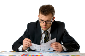 Confident businessman checking financial reports, isolated on white background