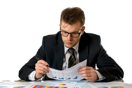 Confident businessman checking financial reports, isolated on white background