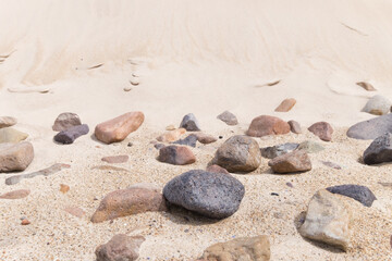 Rocks on sandy beach with large sand dune backdrop