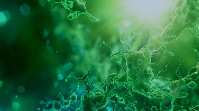 A detailed view of green microorganisms under a microscope, illuminated by bright light. The intricate structures and glowing background convey a scientific and vibrant atmosphere. The microscopic
