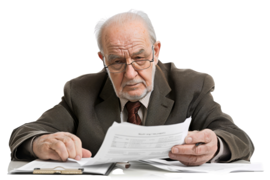 Elderly entrepreneur working on a laptop at a desk Isolated on white background - Powered by Adobe