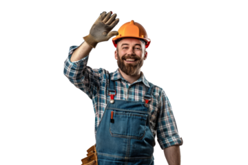 Enthusiastic construction worker waving, equipped with a hard hat and gloves, isolated on white background