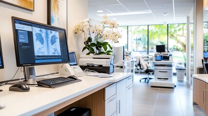 A wellness center equipped with the latest technological advancements, featuring a physician guiding patients through personalized health plans.