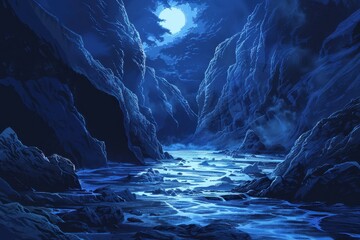 Fototapeta premium A dark and mysterious gorge illuminated by moonlight with a stream flowing through it