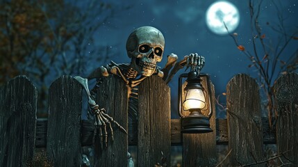 A skeleton is holding a lantern and standing in front of a wooden fence