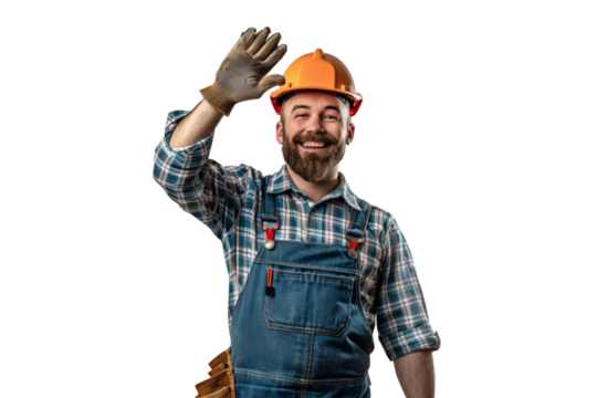 Enthusiastic construction worker waving, equipped with a hard hat and gloves, isolated on white background