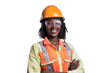 Fototapeta premium Ethnic female worker in safety attire and helmet gazing at camera isolated on white background