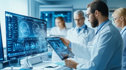AI-powered diagnostic tools in a bustling emergency room, with doctors and nurses analyzing data to make quick, accurate decisions for patient care.