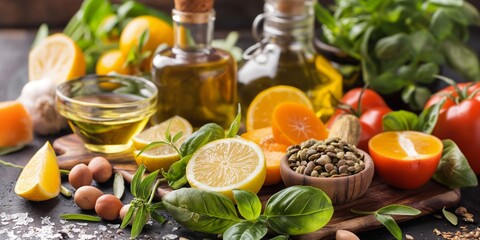 Variety of fresh ingredients including herbs and oils arranged on a wooden board, ready for a delicious meal prep.