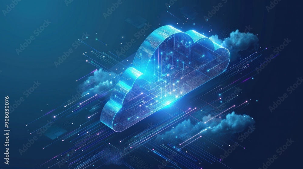 Aufkleber digital cloud technology with glowing lines and abstract elements on a dark blue background