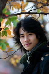 A young man with a serene expression stands in front of a colorful autumn backdrop, wearing a dark jacket and scarf outdoors.