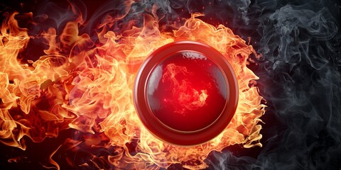 Fiery red button surrounded by swirling flames and smoke, depicting urgency, intensity, and critical situations.