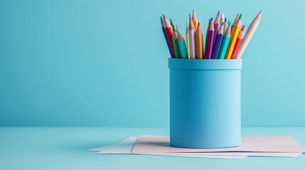 Fototapeta premium Vibrant Colored Pencils Arranged in Blue Holder on Blue Background