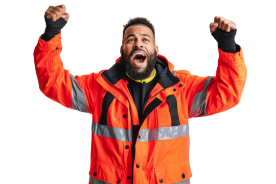 Excited warehouse worker in reflective jacket, showing approval, white background