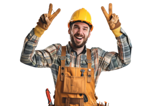 Excited warehouse worker in reflective jacket, showing approval, white background