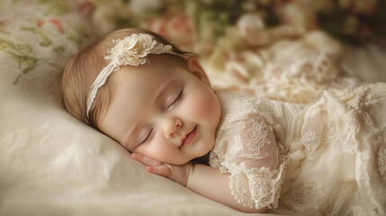 Capture the dreamy expressions of baby girls, such as smiling in their sleep, gazing wide-eyed at new sights, or laughing with delight, showcasing their innocence and happiness.