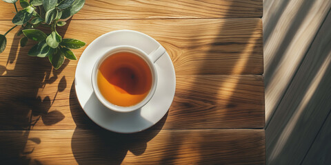 A top-down view of a tea cup on a wooden table with sunlight casting shadows and a green plant beside it.