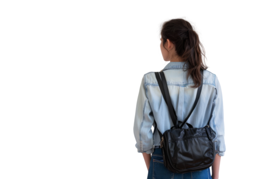 Female photographer with a camera bag over her shoulder Isolated on white background