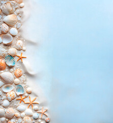 Fototapeta premium Sea background with various seashells, starfish on sand and waves.