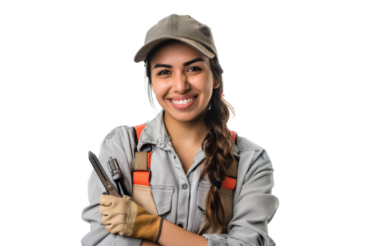 Grinning Hispanic female maintenance worker with pliers Isolated on white background