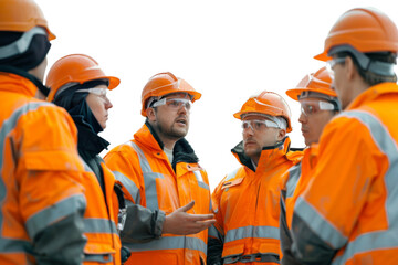 Group of colleagues in protective workwear discussing in factory Isolated on white background