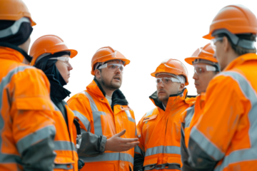 Group of colleagues in protective workwear discussing in factory Isolated on white background