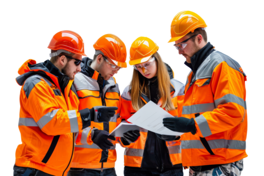 Group of colleagues in protective workwear discussing in factory Isolated on white background