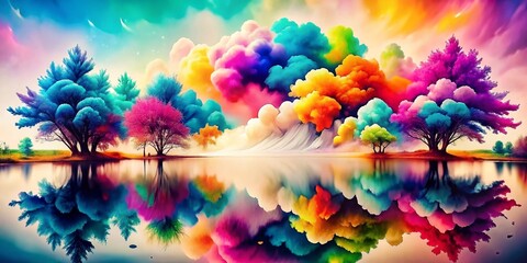 Rainbow Paradise: Where vibrant trees meet a kaleidoscopic sky, reflected perfectly in tranquil waters - a digital masterpiece of color and serenity.