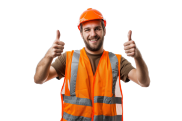 Happy construction worker giving a thumbs up, in a bright yellow helmet and orange vest, isolated on white background