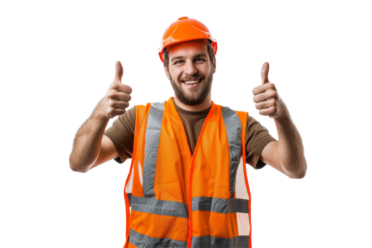 Happy construction worker giving a thumbs up, in a bright yellow helmet and orange vest, isolated on white background