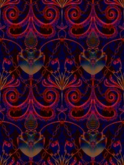 Fototapeta premium Dive into a surreal world with this vibrant seamless pattern featuring octopuses, chains, and headphones, blending marine life with musical elements in a whimsical design.