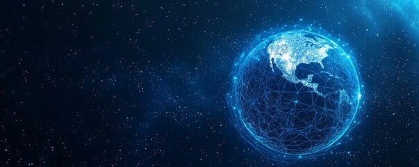 Digital wireframe Earth illustration with network connections in space background