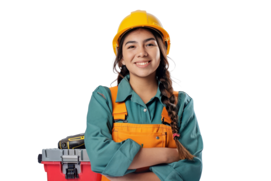 Happy Hispanic female utility worker with toolbox Isolated on white background