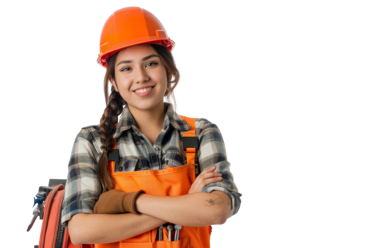 Happy Hispanic female utility worker with toolbox Isolated on white background
