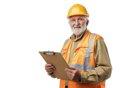 Happy senior warehouse supervisor with clipboard in hand Isolated on white background