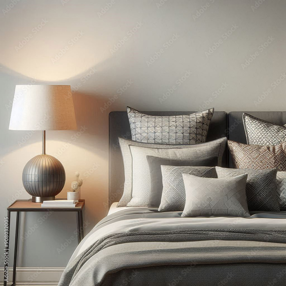 Poster a bedroom scene with a bed that has a gray comforter and multiple pillows with geometric patterns ge