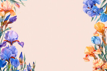 Delicate irises on a pastel background, painted with watercolours. Card template. Copy space. Postcard, congratulations, invitation, banner, background, wallpaper.