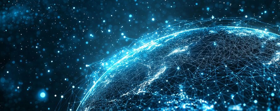 Digital wireframe Earth with glowing connections and dots in space