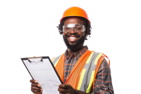 Laughing construction worker holding a clipboard, wearing safety glasses and a bright vest, isolated on white background