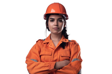 Middle-aged ethnic worker woman in protective uniform and helmet looking at camera isolated on white background -