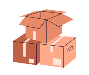 Cartoon boxes. Cardboard delivery boxes, open and closed shipping packages, parcel delivery boxes flat vector illustration. Carton boxes pile