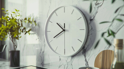 Close-up of a kitchen clock with abstract, detailed face and sleek design