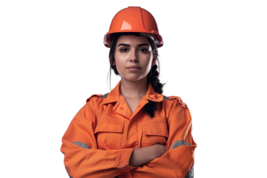 Middle-aged ethnic worker woman in protective uniform and helmet looking at camera isolated on white background -