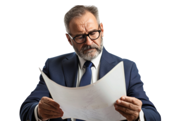 Middle-aged executive reading business reports, isolated on white background