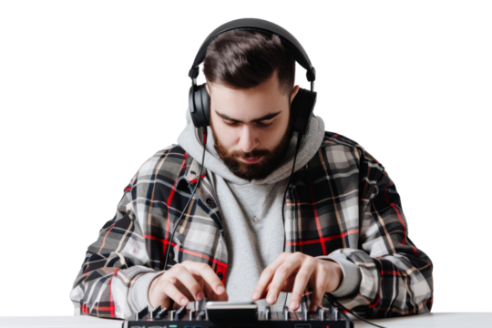 Music producer recording beats on smartphone Isolated on white background