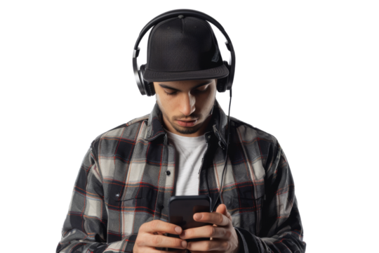 Music producer recording beats on smartphone Isolated on white background - Powered by Adobe