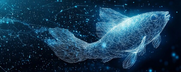 Wireframe fish illustration with digital elements on a futuristic background