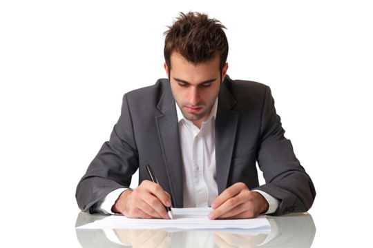 Professional male reviewing contracts at a desk, isolated on white background