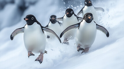 Penguins Running in Snow. Group of penguins running playfully in the snow.